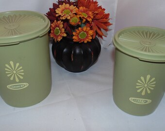 Two Vintage Tupperware avocado green Canisters 809 811 with Servalier Seal lids