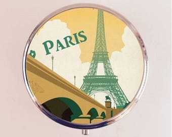 Paris Pill Box Case Pillbox Holder Trinket Stash Box Eiffel Tower French Travel Poster