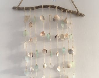Driftwood Sea Glass Shell Wind Chime Blues and Clear Beach Inspired Home Decor Wall Hanging Shabby Chic Natural Nautical Decor