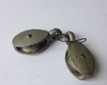Vintage Metal Mini Pulleys. Set of 2 Industrial Pulleys