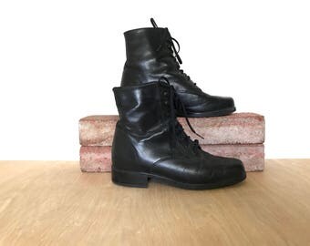 Vintage 90s Lace up Boots Size 8 Black Leather Boots 90's 80's Ankle Boots Lace Up Ankle Boots Santana Canada