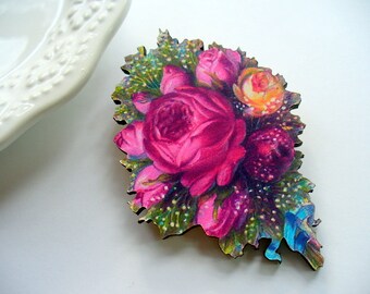 Pink Rose Lapel Pin, Sweater Pin, Brooch, Shabby Chic, Weddings, Pin, Wood Jewelry, Scarf Pin, Wood Laser Cut, Decoupaged, Blue Ribbon