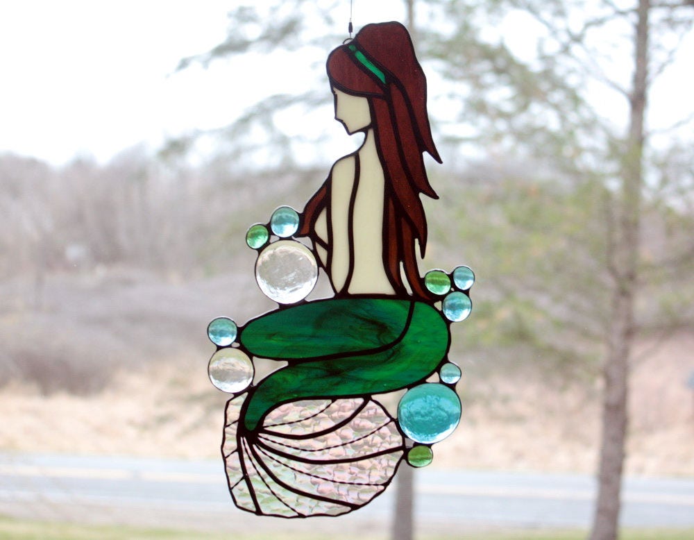 Stained Glass Mermaid Panel with Dark Green Beach