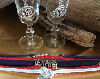 Houston Texans Infinity Love Layer Multi Strand Red Suede Leather Blue String Bracelet White Cuff Enamel Football & Earring Set
