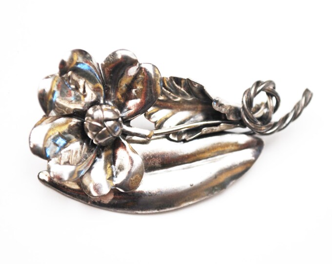 Sterling Flower Brooch - Silver Floral - Vintage Art Nouveau signed Pin