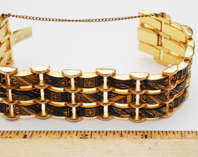 Wide Damascene Link bracelet - 3 rows of gold black enameling links - Safety chain