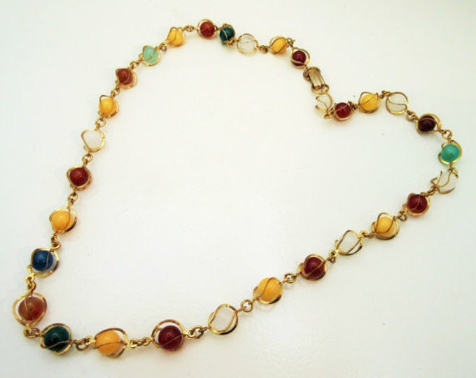 Gemstone Bead Necklace - Caged gold tone metal - polished quartz jasper carnelian and Agate beads