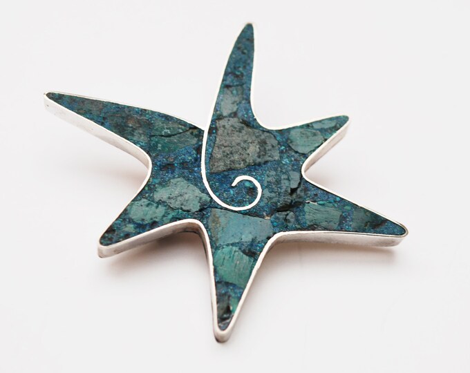 Sterling Turquoise star fish Brooch - Signed Beto Taxco - Blue Gemstone inlay - Mexico Pin