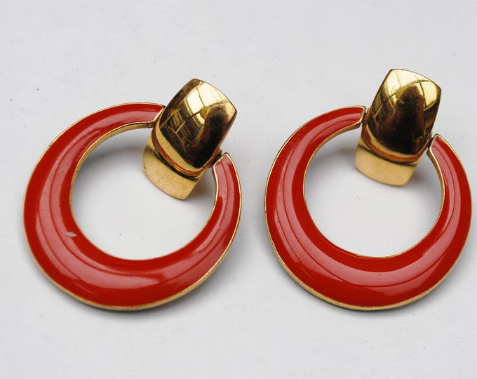 Reversible Hoop earrings - Red Blue Enamel -Gold Metal - pierced Earrings Two earrings in one