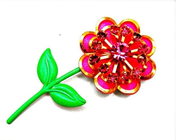 Pink Flower Brooch - Enamel flower - Rhinestone - floral Pin