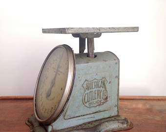 RESERVED FOR CELESTE - VIntage Blue Kitchen Scale, 1912 American Cutlery Scale with Glass Face, Blue Gray Scale with Tan Face, 25 lb Scale