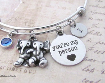 You're My Person Two Elephants Stainless Steel Personalized Hand Stamped Birthstone Initial Best Friend Sister Heart Charm Bangle Bracelet