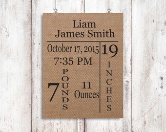 Birth Announcement - New Parents - Personalized Burlap Print - New Baby Gift - Rustic Baby Decor - Gift For New Parents - Baby Shower Gift