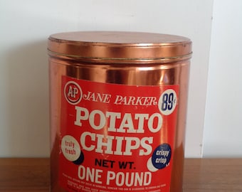 Vintage Copper Color JANE PARKER A & P Large Potato Chip Tin Can