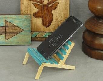 Turquoise cell phone holder, mini pallet chair, phone stand, popsicle sticks, miniature chair, bookshelf decor, office decor, desk accessory