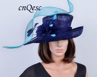 Turquoise blue navy blue New Design for 2017 Kentucky derby sinamay hat large dress church hat with feathers&sinamay loops