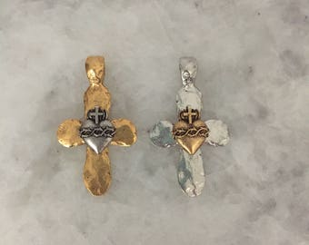 Cross With Sacred Heart Pendant, Gold OR Silver, Pewter, Bail, Necklace