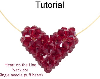 Beading Tutorial Pattern - Beaded Crystal Puff Heart Pendant Necklace - Valentine Necklace - Simple Bead Patterns - Heart on the Line #24320