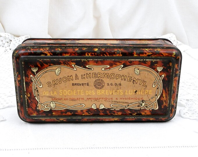 Antique French Lithographed Art Nouveau Antiseptique Soap Tin Box Gold Lettering, Apothecary, French Country Decor, Brocante, Retro, Decor Antique French Lithographed Art Nouveau Antiseptique Soap Tin Box Gold Lettering, Apothecary, French Country Decor, Brocante, Retro, Decor