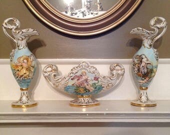 Keramos Capodimonte set urn ewers allegorical bas relief figural mythical Greek Roman sea goddess putti cherubs collectible home decor