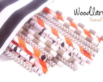Woodland Fox / Fox Party / Paper Straws / Orange Straws / Black Straws / Black and White decor / Birch Straws / Fox themed party / Boy Party