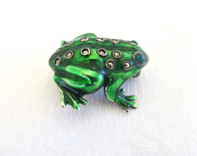 Sterling Frog Brooch, Enamel Marcasite Frog Pin, Vintage Frog Jewelry