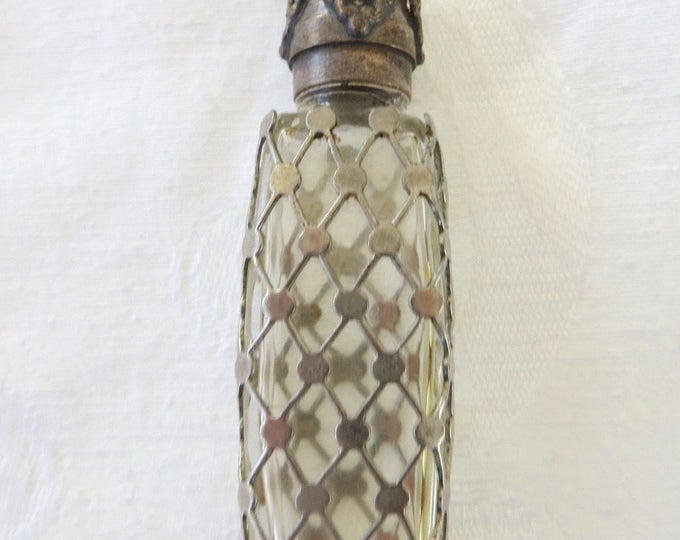 Sterling Overlay Perfume Bottle, Brass Filigree Lid, Mini Perfume, Vintage Vanity Bottle