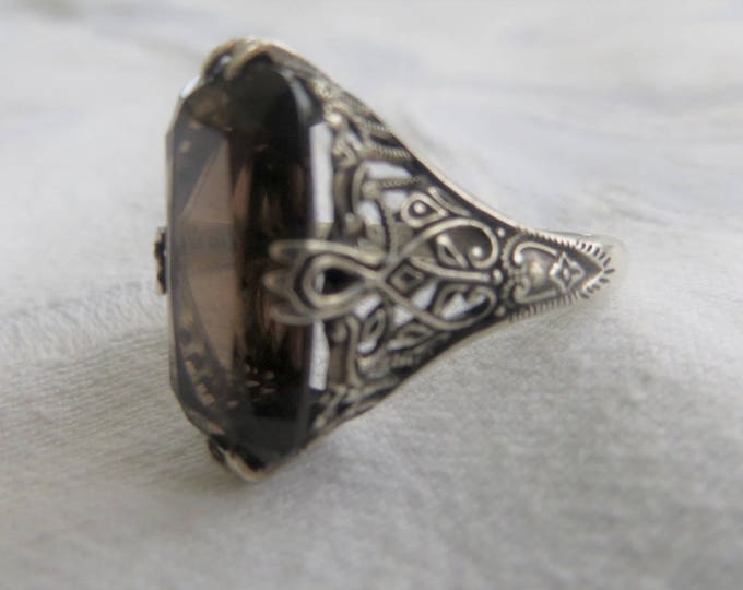 Art Deco Filigree Ring, Sterling Silver Smoky Quartz Emerald Cut Stone, Openwork Filigree, Size 8 Ring