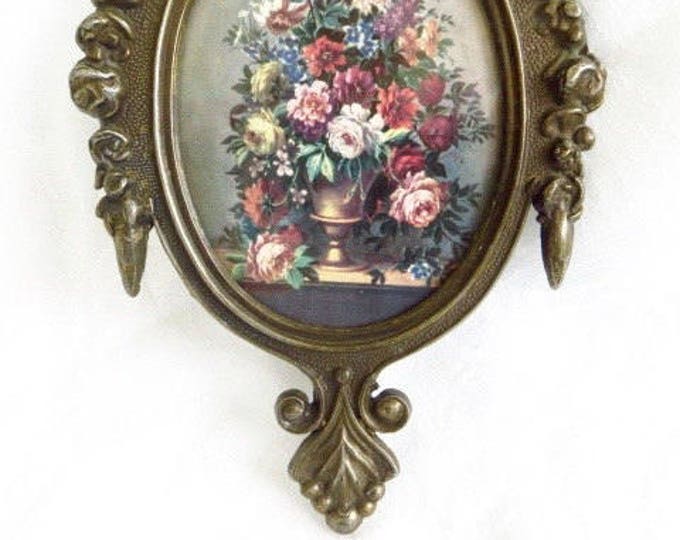 Antique Brass Picture Frame, French Style Wall Hanging, Ribbon & Rose Details, Floral Scene, Classic and Elegant