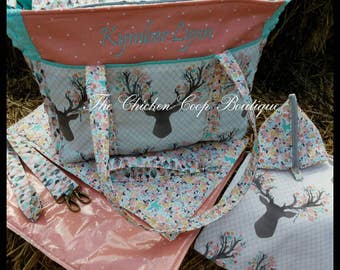 Girls Diaper Bag * Changing Pad *PaciPod* Pouch* 6pc set BOHO Rustic Modern.