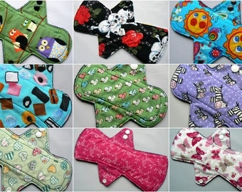 Set of 3 Cloth Menstrual Pad, Build your STASH, light, regular, heavy, cotton top, fleece back, random prints