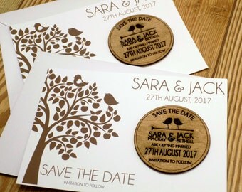 Round wooden save the date magnet and card