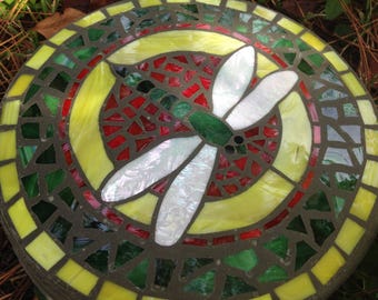 Dragonfly In Flight Brilliant Bold Stepping Stone- Handmade Mosaic Stained Glass - 14" Round - Avail in larger or smaller sizes