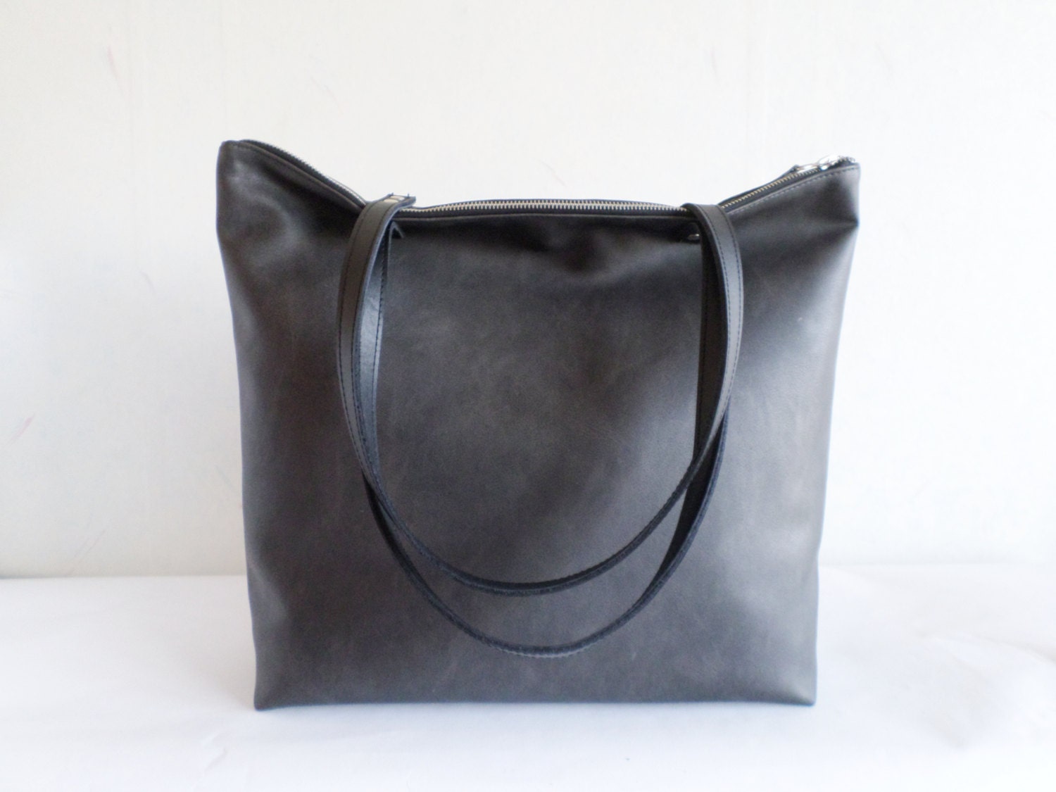Large vegan leather zipper tote bag Dark gray leather tote