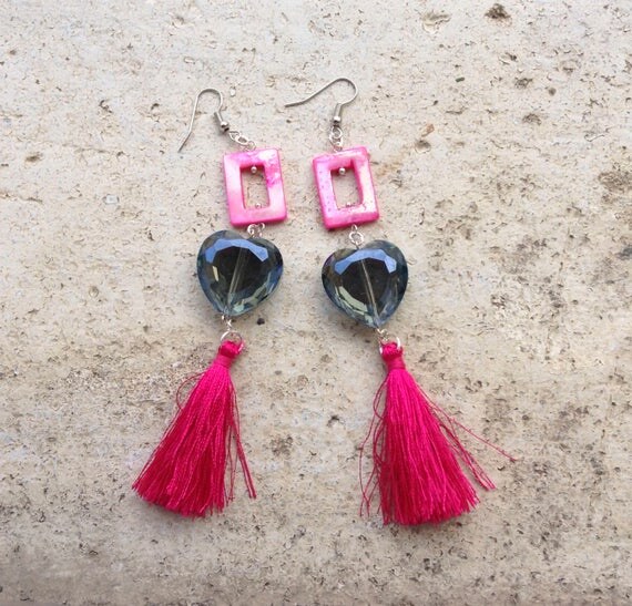 statement chandelier earrings fuchsia pink tassels earrings