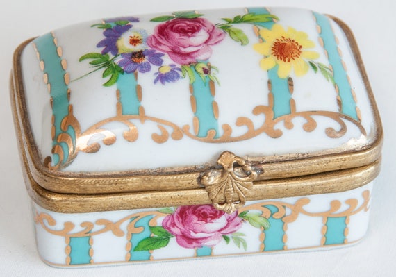 Vintage Metal and Ceramic Trinket Box with Hand Painted