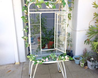 Large Metal Bird Cage White Metal Rolling Bird Cage on Stand Shabby Chic Wedding Decor Card Holder XL White Chippy Metal Bird Cage on Wheels