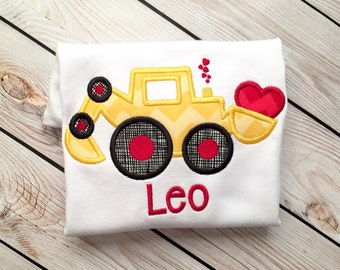 Boys Valentine's Day digger embroidered shirt or onesie with name, construction valentine shirt, boys valentines shirt, valentines appliqué