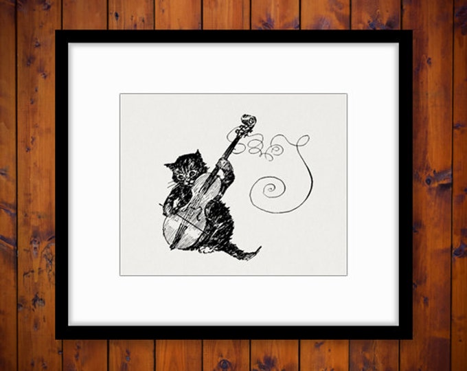 Printable Cat Graphic Kitten Playing Violin Digital Image Music Clipart Cute Animal Art Download Artwork Vintage Clip Art HQ 300dpi No.1727