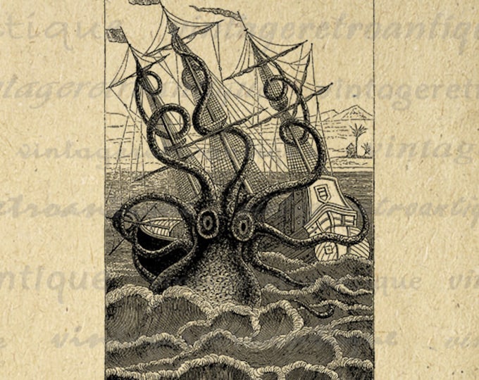 Printable Digital Giant Octopus Attacking Ship Download Image Graphic Antique Clip Art Jpg Png Eps HQ 300dpi No.2704