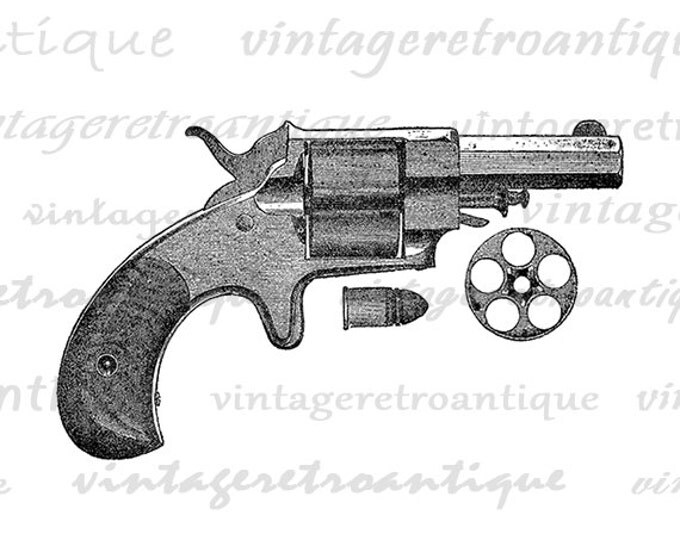 Revolver Gun and Bullet Digital Image Download Gun Graphic Printable Antique Clip Art Jpg Png Eps HQ 300dpi No.4142