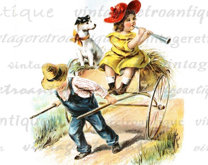 Children with Wagon and Little Dog Printable Image Digital Download Classic Color Illustration Graphic Vintage Clip Art HQ 300dpi No.1992