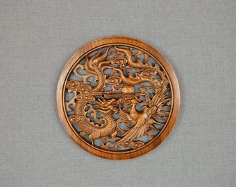 Dragon and Phoenix Wood Carving Wall Art Decor Hangings Wedding Anniversary Gift For couples