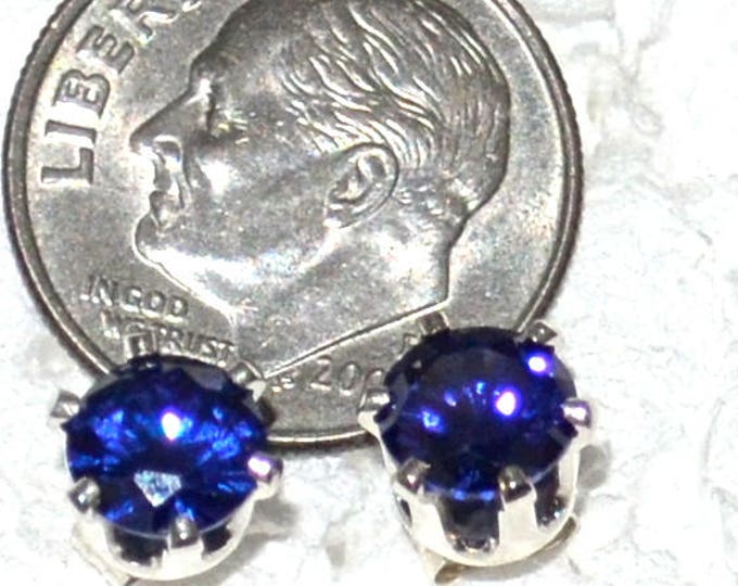 Blue Sapphire Stud Earrings, 6mm Round, Russian Simulates, Set in Sterling Silver E1068