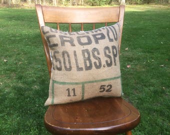 Farmhouse Pillow, Coffee Sack Pillow, Burlap Pillow, Burlap & Lace, rustic pillow, coffee beans sack, grain sack pillow