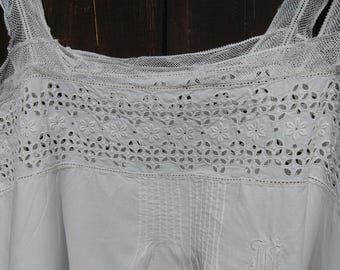 Victorian White Eyelet Lace Dress Handmade French Cotton Slip with Lace on Tulle Monogrammed Medium Large #sophieladydeparis