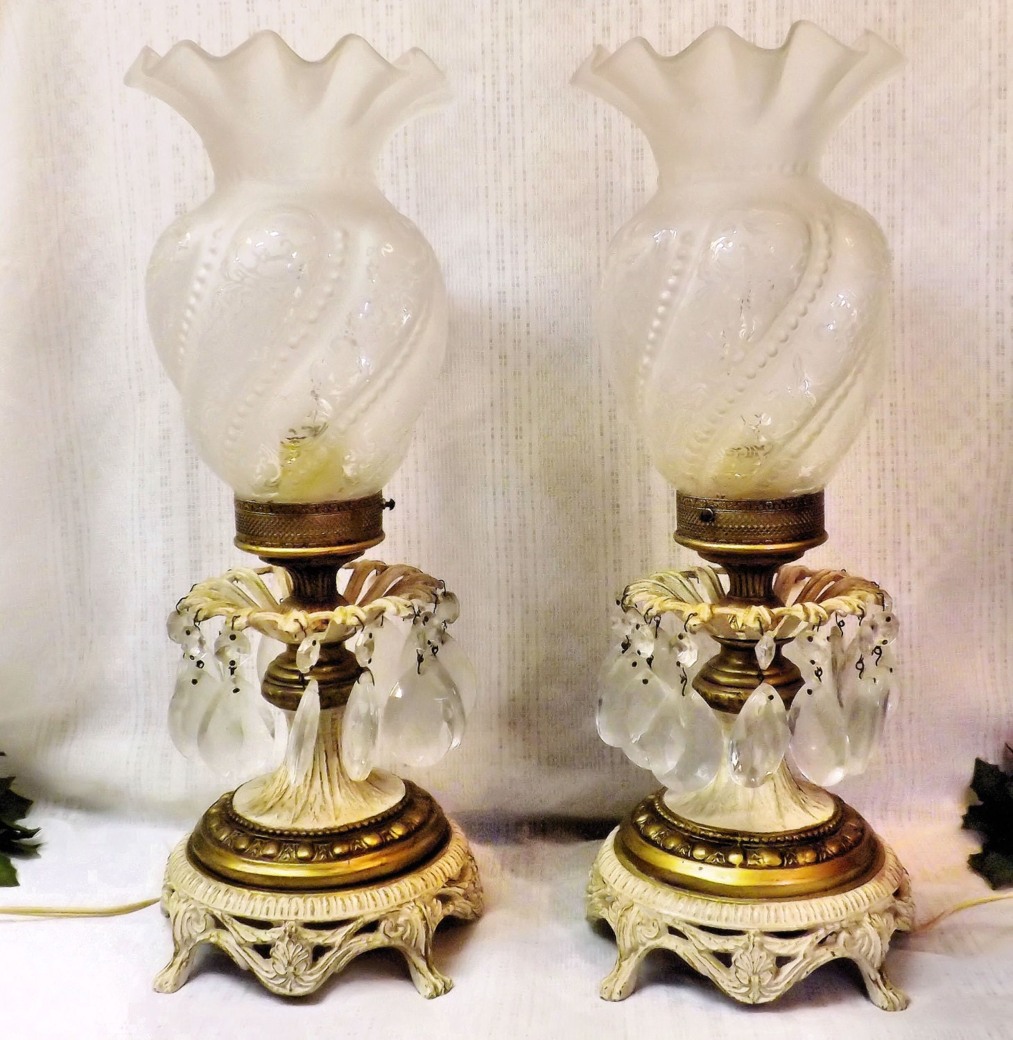 Pair Vintage Crystal Prism Brass Table Lamps Frosted Etched