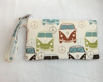 VW Van Padded, Zipper Wristlet Purse, Bridesmaid Bag, Clutch Purse, Child's Purse, Wristlet Gadget Bag - Choose Color