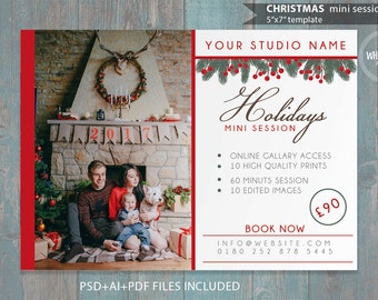 Holidays Mini Session Template for Photographers - 7"x5" print - psd template- eps pdf - editable file- gold glitters and red ad template