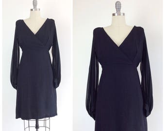 60s Little Black Wiggle Dress / 1960s Vintage Bombshell Sheer Sleeve Crepe Formal Dress / Medium / Size 8 to 10